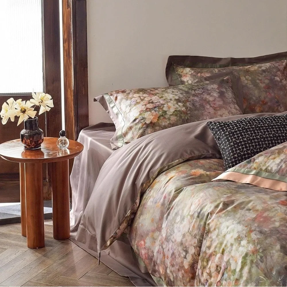 NEW Anthro Blush Pink Silk Floral Boho Cotton Queen King Bedding Duvet Sham Set